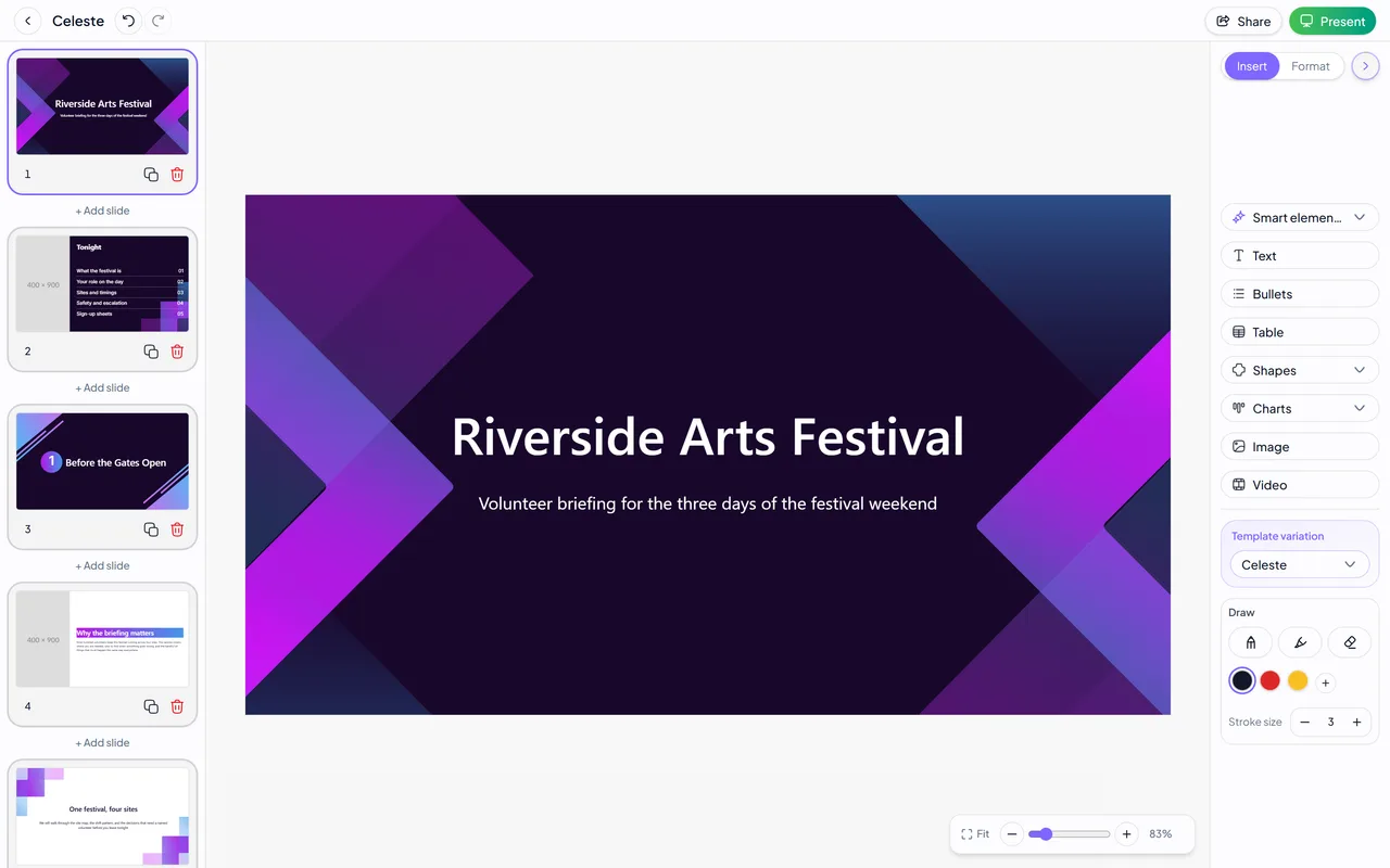The PowerPresent editor with a generated deck open — slide thumbnails down the left, the current slide on the canvas, and the insert panel on the right.