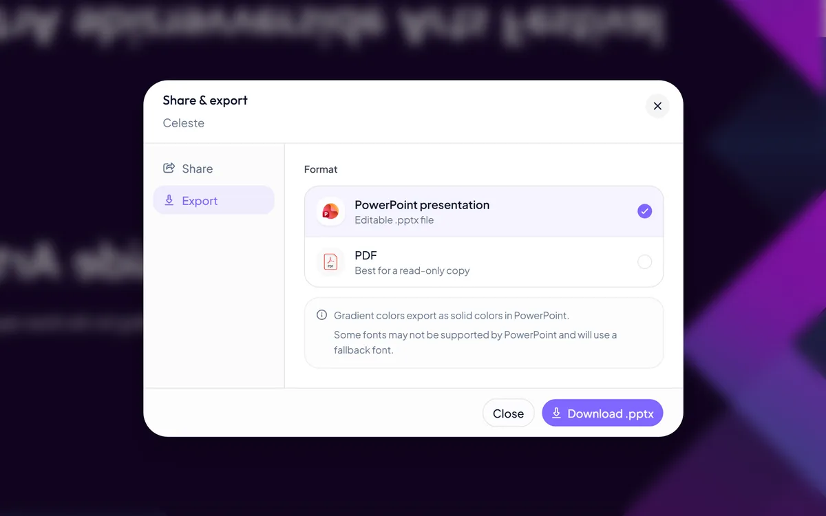 Export — To PowerPoint or Google Slides in one click
